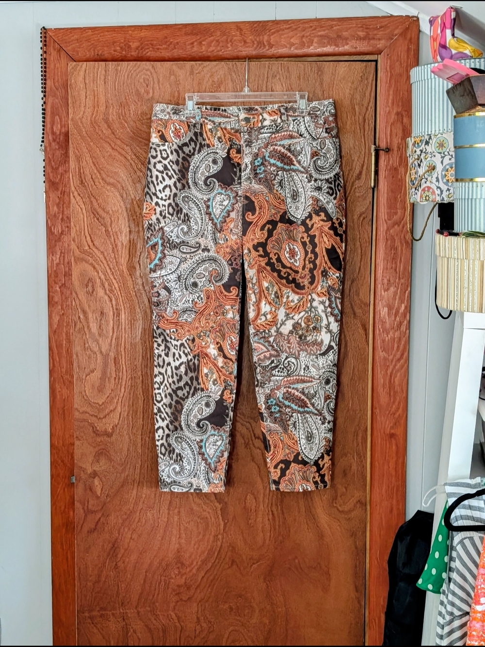 Chico's Mixed Paisley & Animal Print Ankle Pants in Orange, Black, Cream, Teal